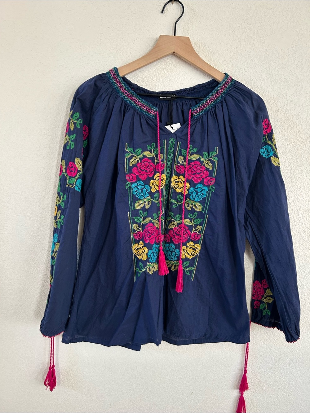 Embroidered Navy Peasant Top with Floral Detail
